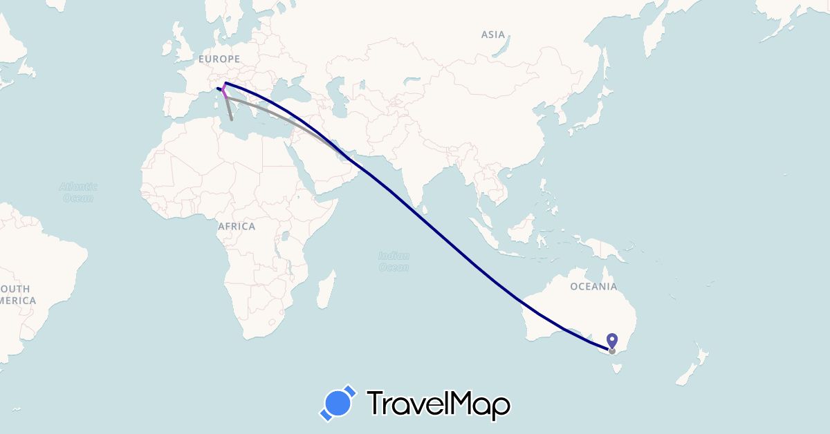 TravelMap itinerary: driving, bus, plane, train in United Arab Emirates, Australia, Italy, Malta (Asia, Europe, Oceania)